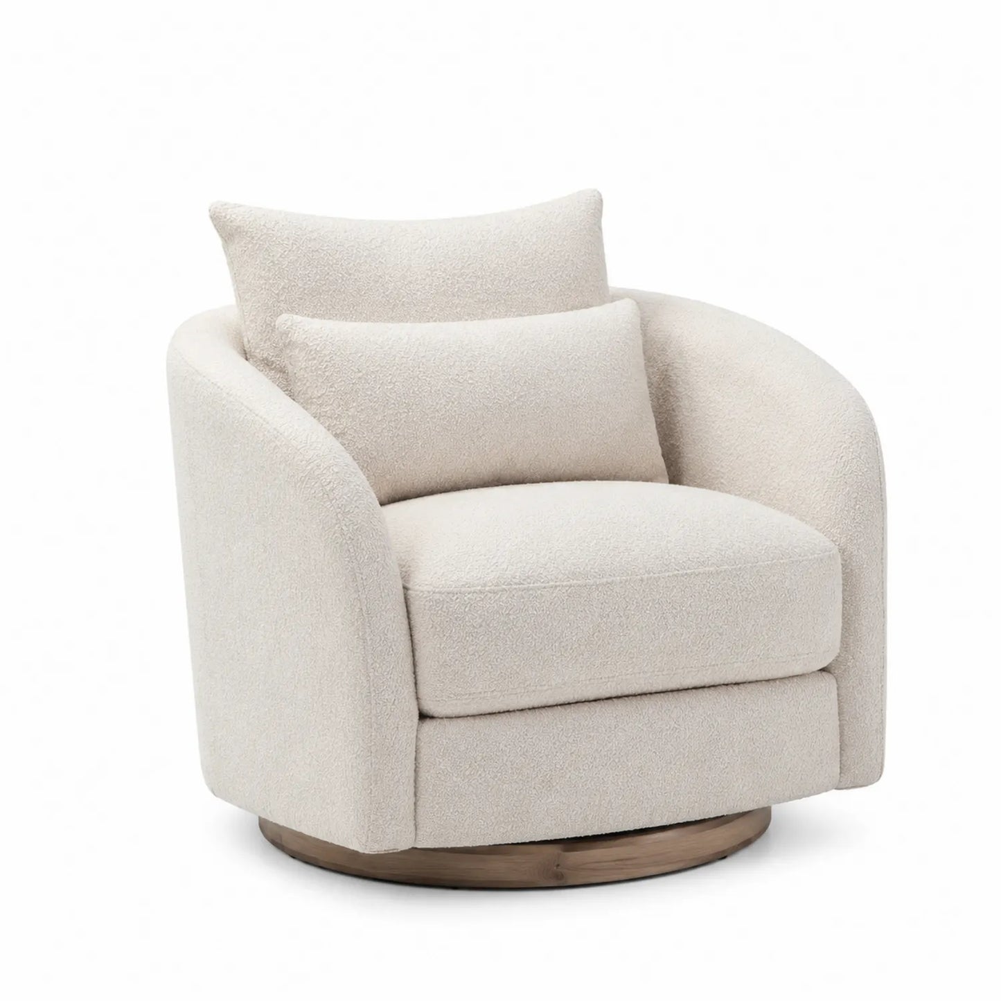Poltrona Girevole in Tessuto Bouclé Crema con Base in Legno
