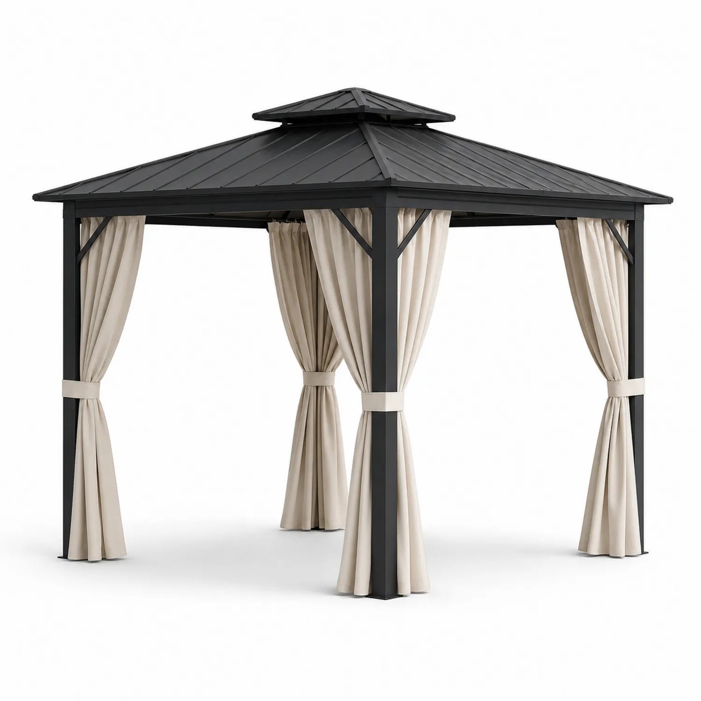 Gazebo in alluminio nero con tende in poliestere beige