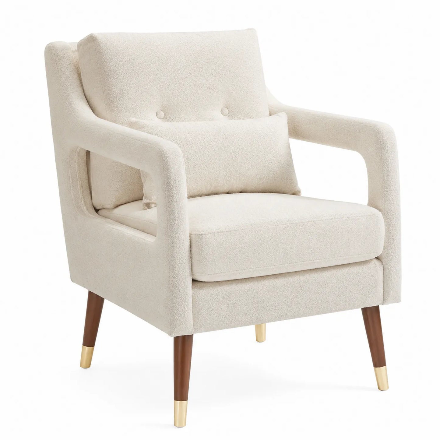 Poltrona in Bouclé Bianco Crema con Gambe in Legno e Metallo Dorato