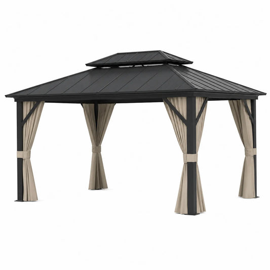 Gazebo in Alluminio con Tetto in Acciaio e Tende in Poliestere Grigie 300x400 cm
