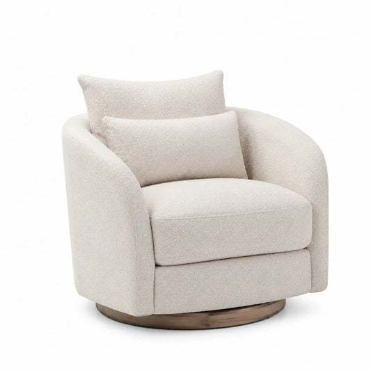 Poltrona Girevole in Tessuto Bouclé Crema con Base in Legno