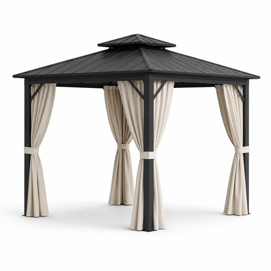 Gazebo in alluminio nero con tende in poliestere beige