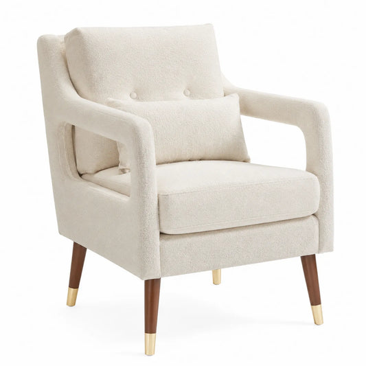 Poltrona in Bouclé Bianco Crema con Gambe in Legno e Metallo Dorato