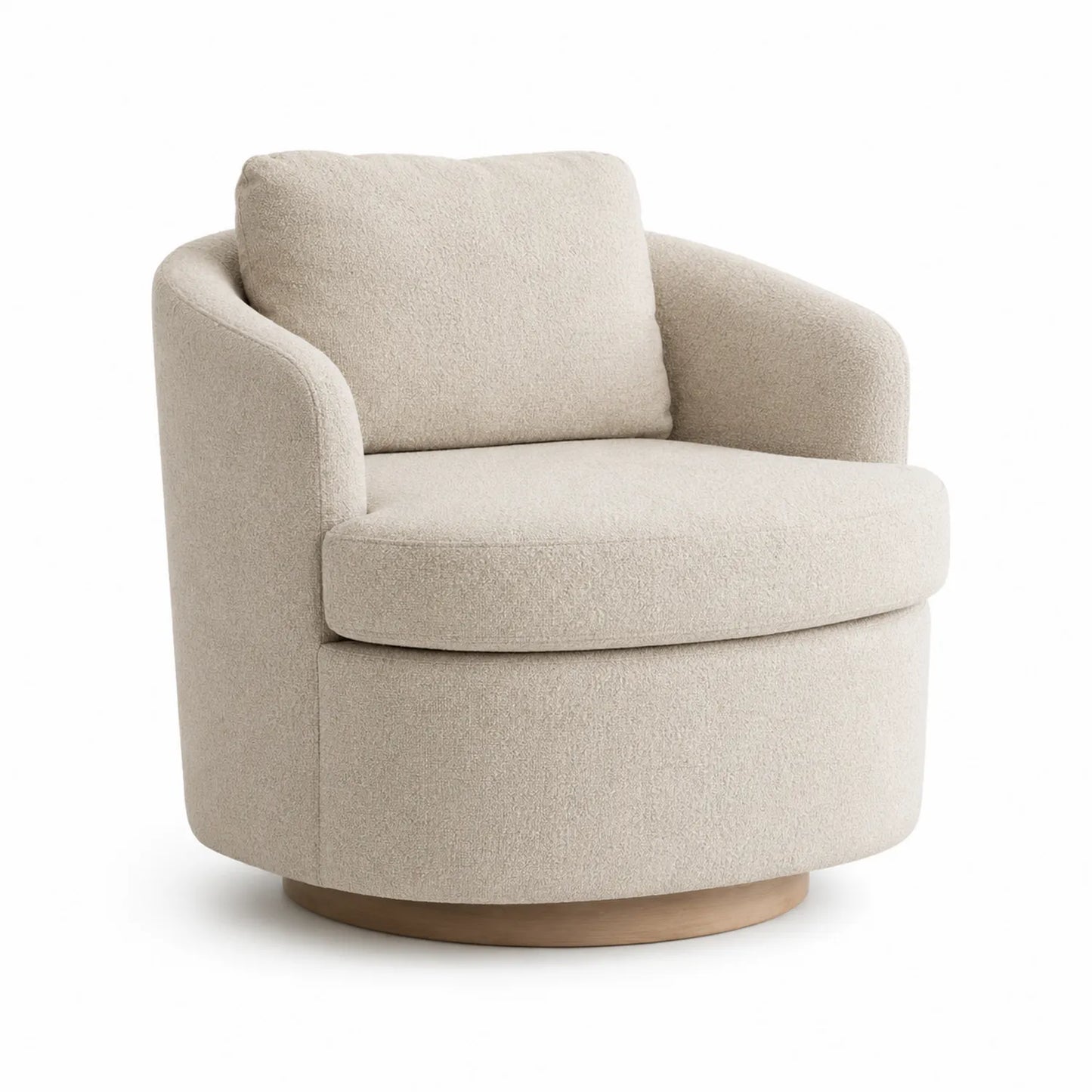 Poltrona girevole in tessuto bouclé beige con base in legno