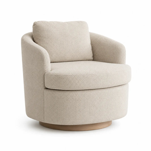 Poltrona girevole in tessuto bouclé beige con base in legno