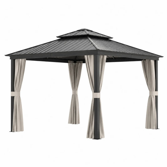 Gazebo in alluminio con tetto in acciaio e tende in tessuto