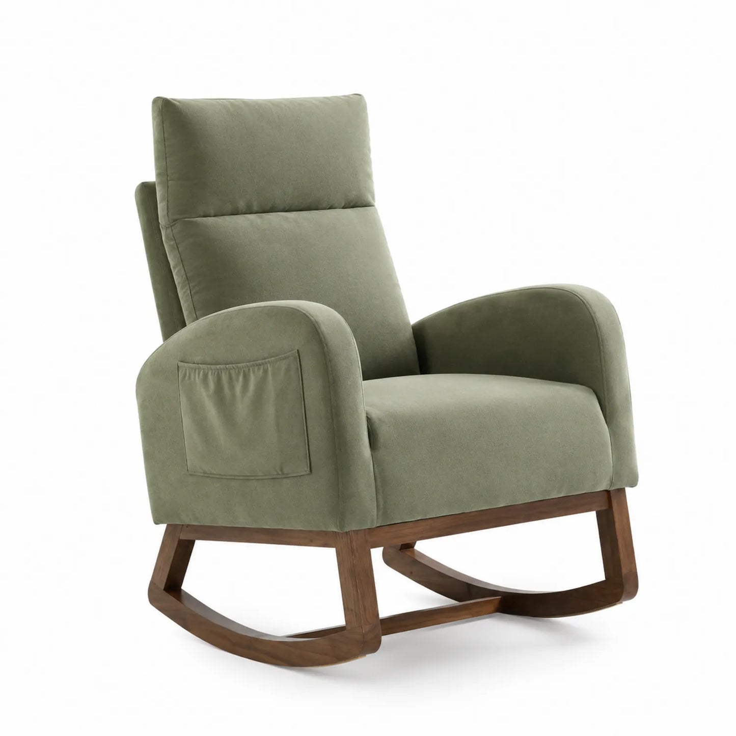 Poltrona a dondolo in legno con rivestimento in tessuto verde