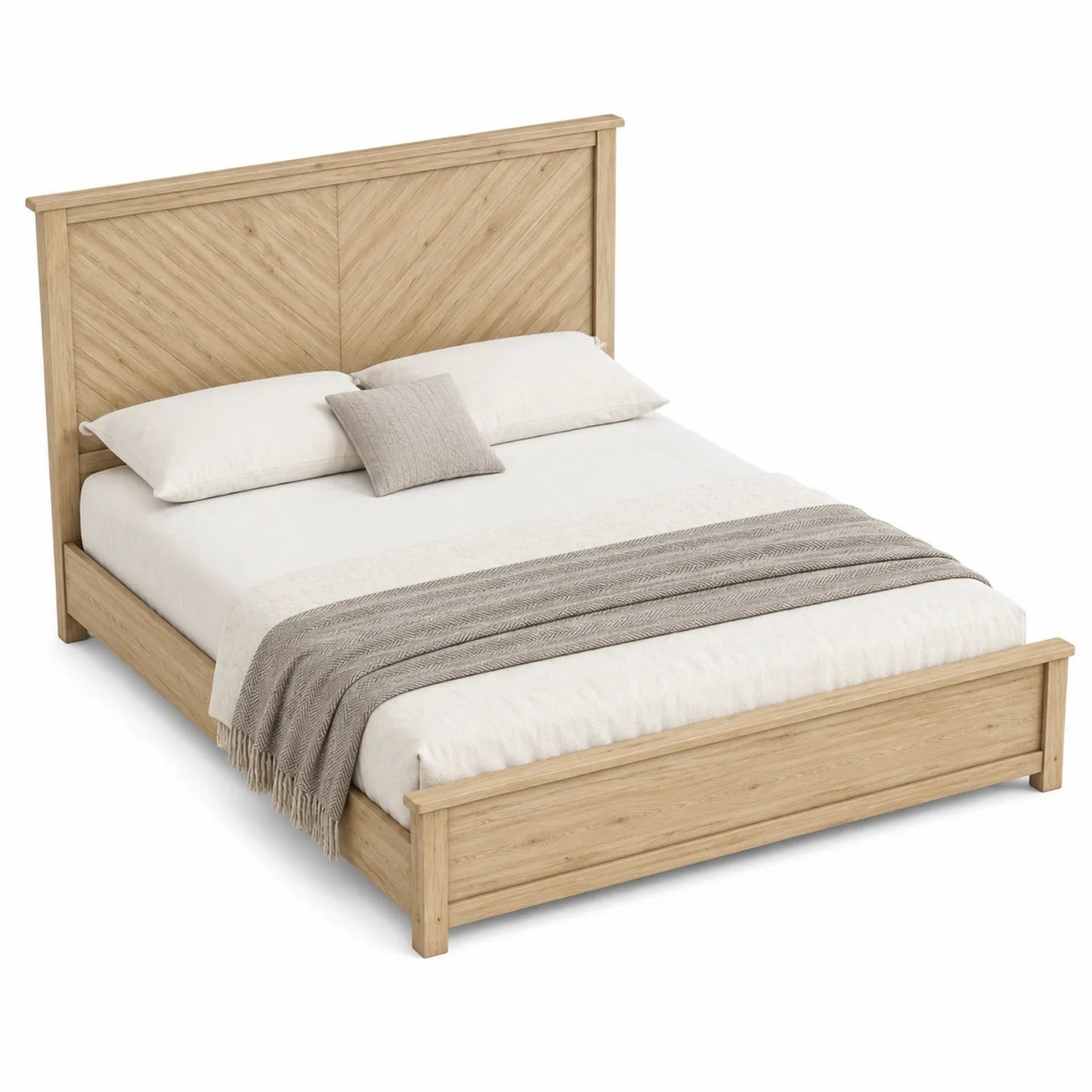 Letto matrimoniale in legno di rovere chiaro con cuscini e plaid