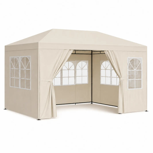 Gazebo in Metallo e Tessuto Beige 3x4m con Finestre