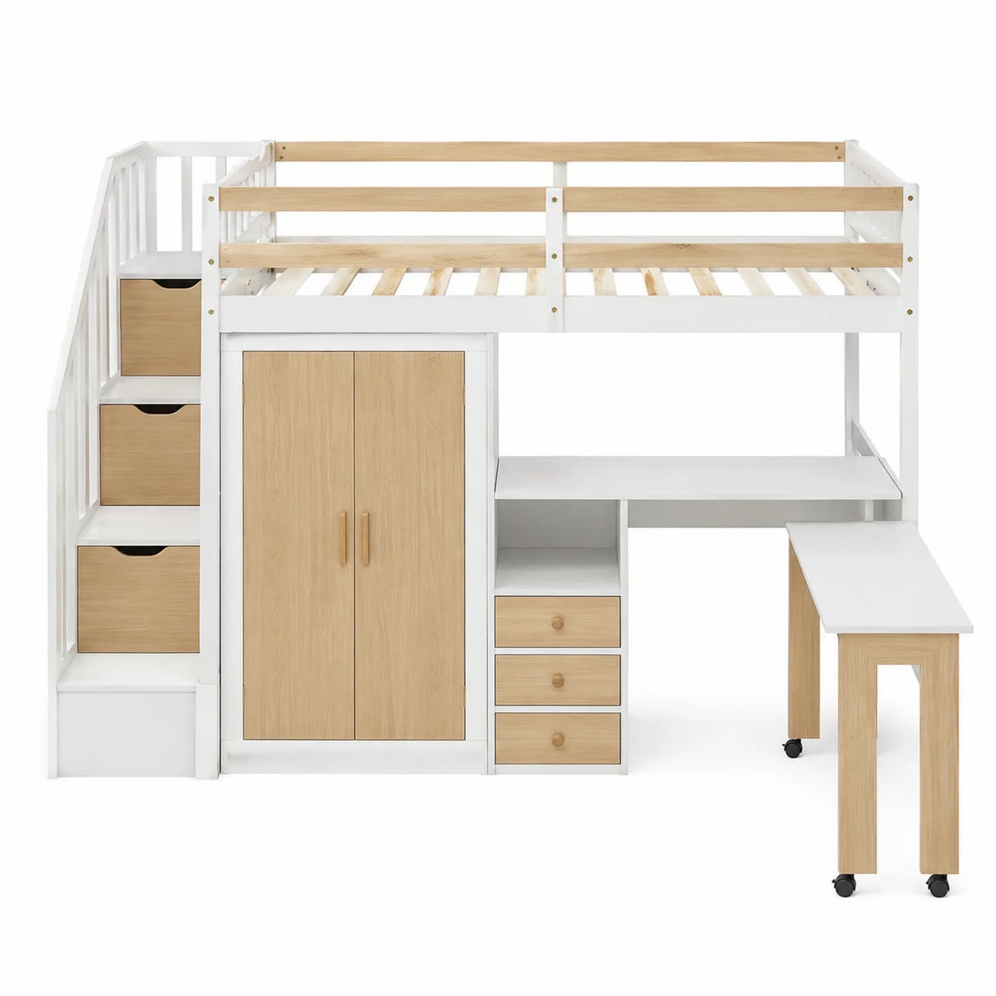 Letto a soppalco per bambini con scala e armadio in legno e MDF bianco e naturale