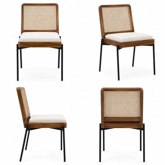 Sedia in Teak e Rattan con Gambe in Metallo Nero