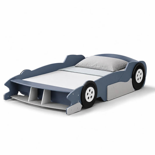 Letto per Bambini a Forma di Auto in Legno Blu con Ruote