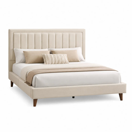 Letto in tessuto poliestere beige con gambe in legno