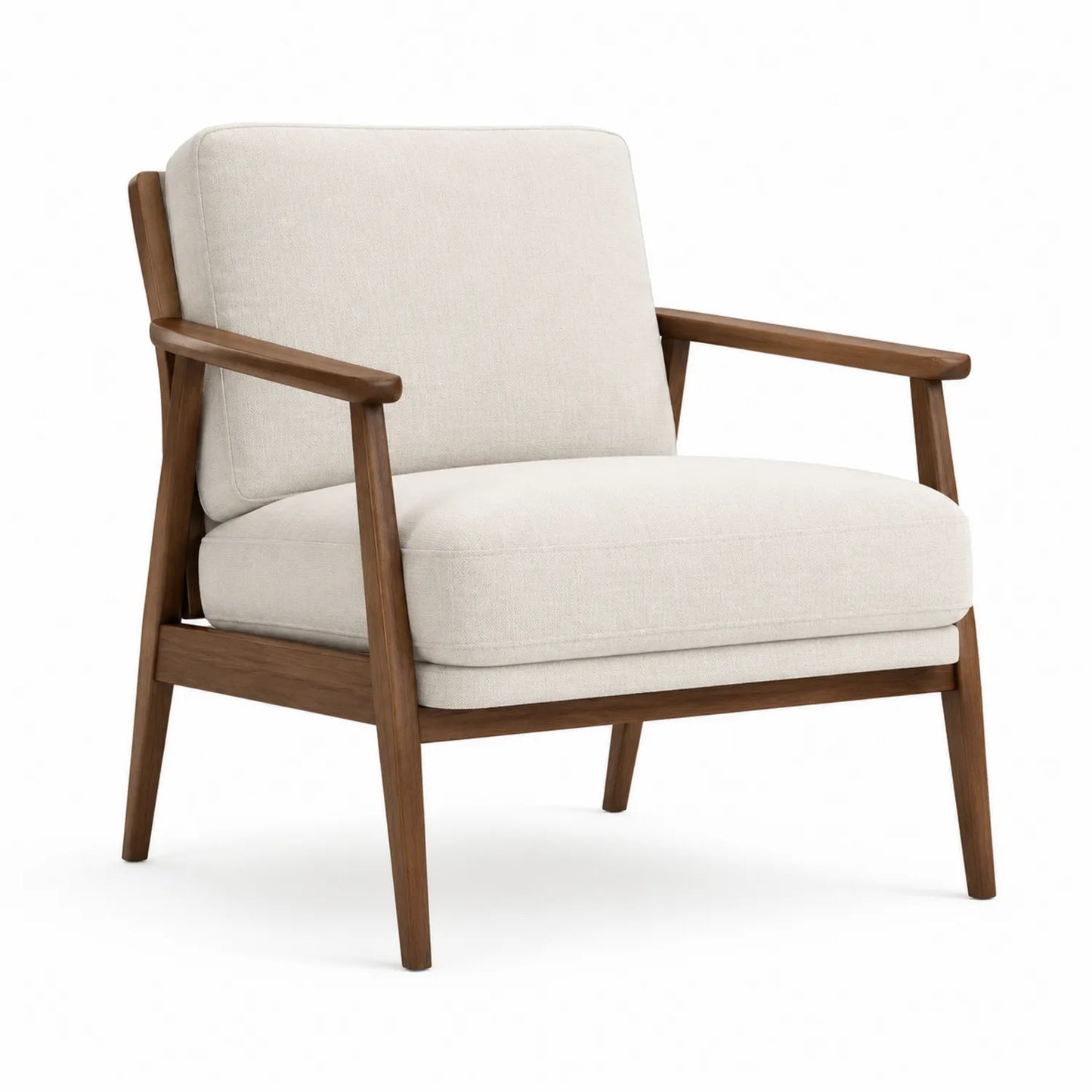 Poltrona imbottita in tessuto beige con struttura in legno